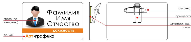 Пластиковый бейдж с прищепкой и булавкой